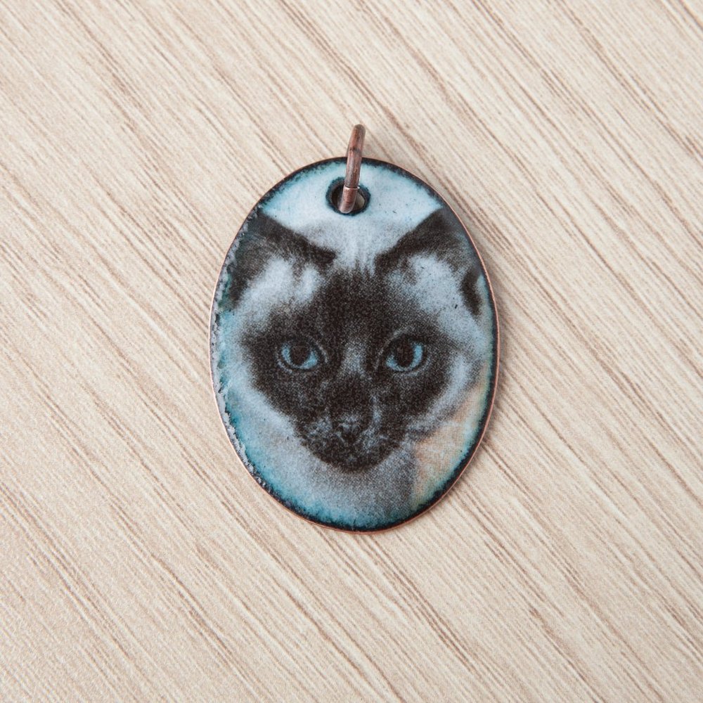 Handmade Copper Enamel Siamese Kitty Cat Pendant Handcrafted Jewelry 1.375" x 1"